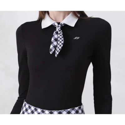 Women's Golfwear for Spring/Autumn Slim-Fit Long-Sleeve Top with Polo Collar and Bow Tie, High-End Golf Hundred-Pleat Skirt Suit