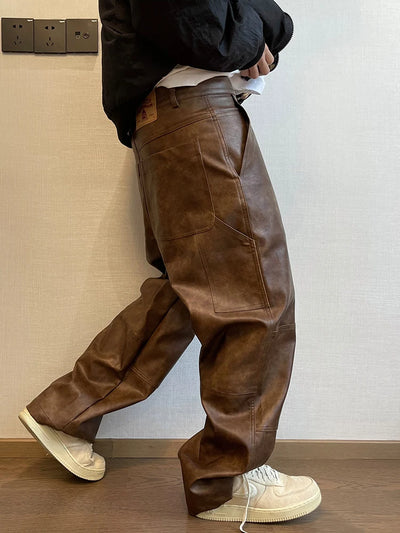 Mauroicardi Autumn Long Retro Cool Baggy Distressed Washed Brown Soft Pu Leather Wide Leg Pants for Men Luxury Designer Clothes