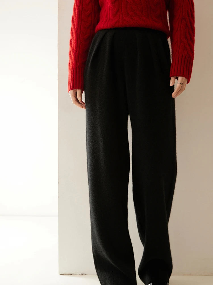 ADDONEE Women 100% Cashmere Pants Pleated Waist Wide Leg Pants Casual Simple Style Autumn Winter Cashmere Knit Trousers Luxury