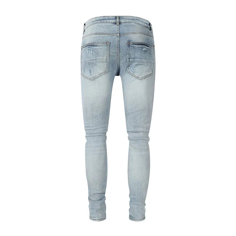 Fashion Designer Men Jeans High Quality Black Stretch Skinny Fit Leather Patched Ripped Jeans Men Y2K Brand Hip Hop Denim Pants