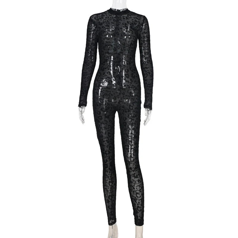 Women's jumpsuit sexy midnight club animal instinct mesh tight stockings leopard print transparent velvet long sleeved jumpsuit