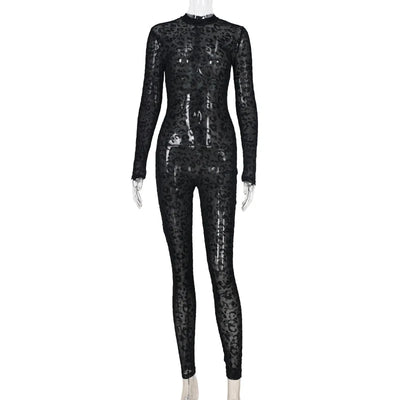 Women's jumpsuit sexy midnight club animal instinct mesh tight stockings leopard print transparent velvet long sleeved jumpsuit