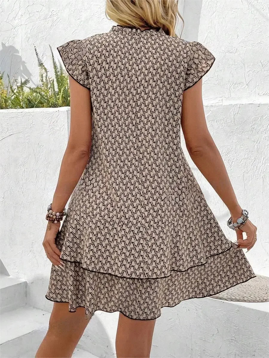 Women's Summer Mini Dress A-line Print V-neck Fiying Sleeve Lady Loose Hem Bohemian Fashion Casual Dresses For Women Clothing