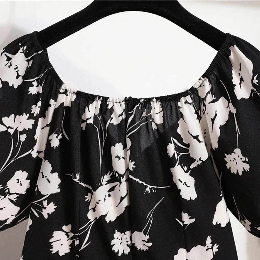 Women Mini Dresses Summer Fashion Female Vestidos Print Floral Chiffon Dresses Shirring Pleated Short Puffy Sleeve Casual Dress