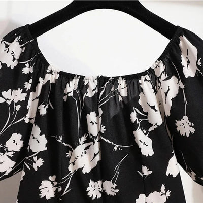 Women Mini Dresses Summer Fashion Female Vestidos Print Floral Chiffon Dresses Shirring Pleated Short Puffy Sleeve Casual Dress