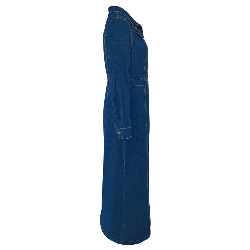 Denim Dress Women Long Dresses Spring Turn Down Collar Elegant Work Splice Vestidos Single Breasted A Line Y2k Tops Streetwear