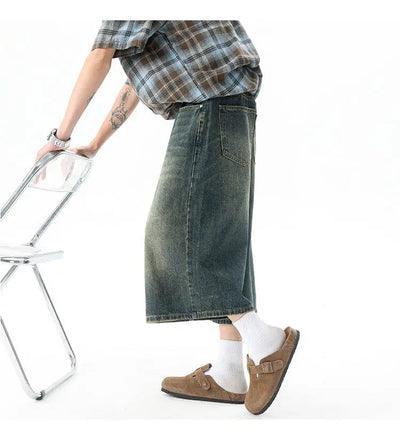 Trendy High-Waisted Wide-Leg Cropped Jeans for Men 2025 Summer Casual Stretch Denim Capri Pants Comfort Fit & Stylish Outfit 8XL