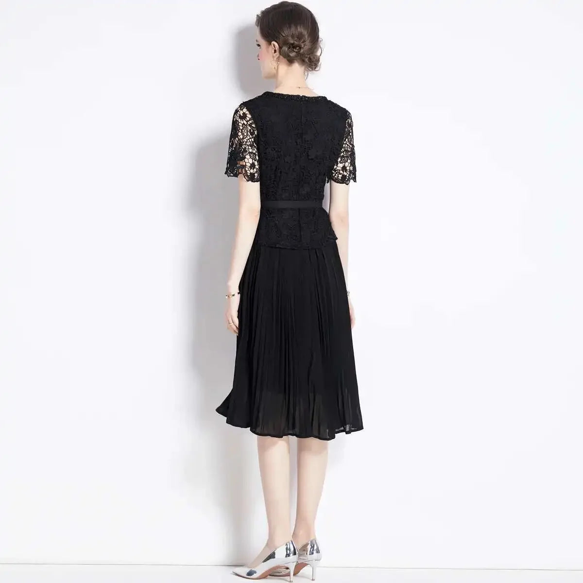 Luxury Evening Dress Women Summer Vacation Short Sleeve Pleated Lace Chiffon Long Dresses White Single Breasted Midi Party Robe