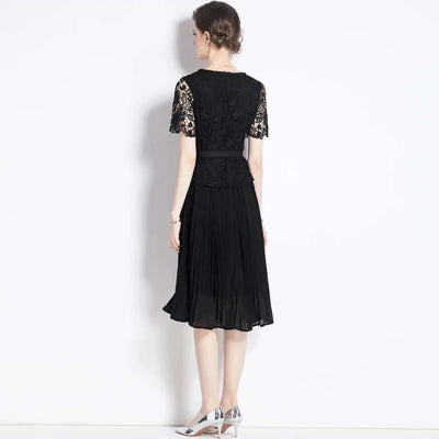 Luxury Evening Dress Women Summer Vacation Short Sleeve Pleated Lace Chiffon Long Dresses White Single Breasted Midi Party Robe