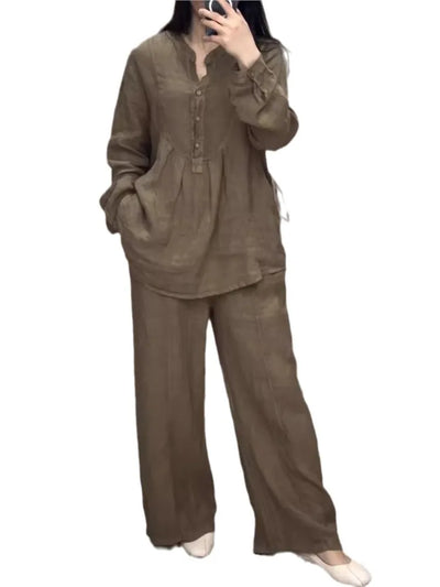 Women's 2 Piece Set Fashion Office Lady Cotton Linen Long-sleeve Casual Loose Wide-leg Pants Suit 2024 Spring Autumn Women Sets