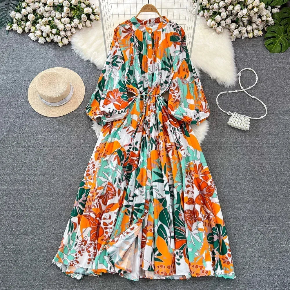 Retro Elegant Sashes O Neck Single Breasted Print Dresses Long Lantern Sleeves A-line Casual High Waist Women Autumn Clothing