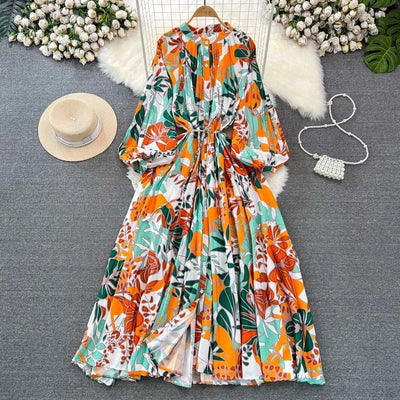 Retro Elegant Sashes O Neck Single Breasted Print Dresses Long Lantern Sleeves A-line Casual High Waist Women Autumn Clothing