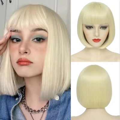 Short Bob Wig with Bangs 12 Inch Short Synthetic Bob Wigs Bangs for Women Natural Looking for Daily Use (Natural Black)
