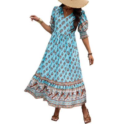 dresses for women Fashion summer Casual long dresses Bohemian V-Neck Printed High Waisted Big Swing Dress vestidos cortos
