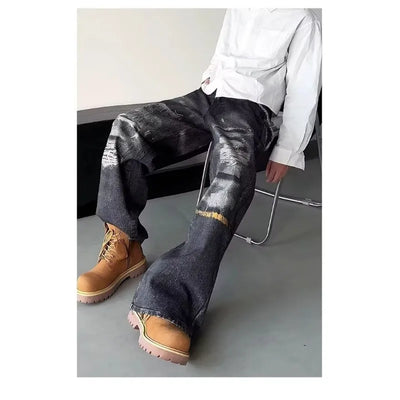 High Street Men's Jeans Trendy Printed Pattern Washed Worn-out Straight Leg Jeans American Style Male Denim Pants Black Jeans