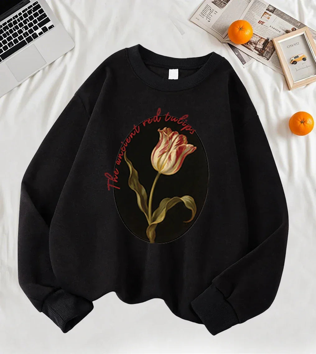 The Ancient Red Twlipws Design Women Sweatshirt Soft Warm Tops Fleece All-Match Pullover Crewneck Casual Sportswear For Woman