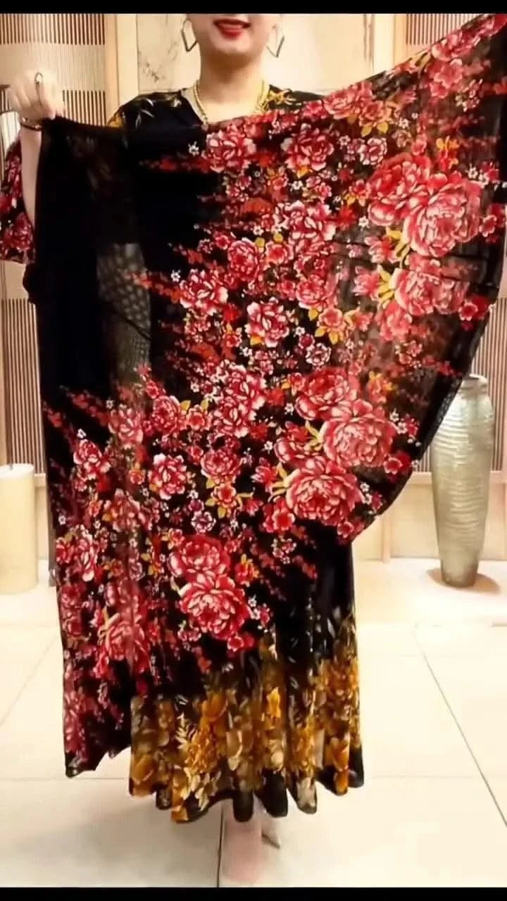 Women's Clothing Stylish Floral Printed Long Dress Summer Short Sleeve Casual Gauze Spliced Elegant V-Neck A-Line Waist Dresses