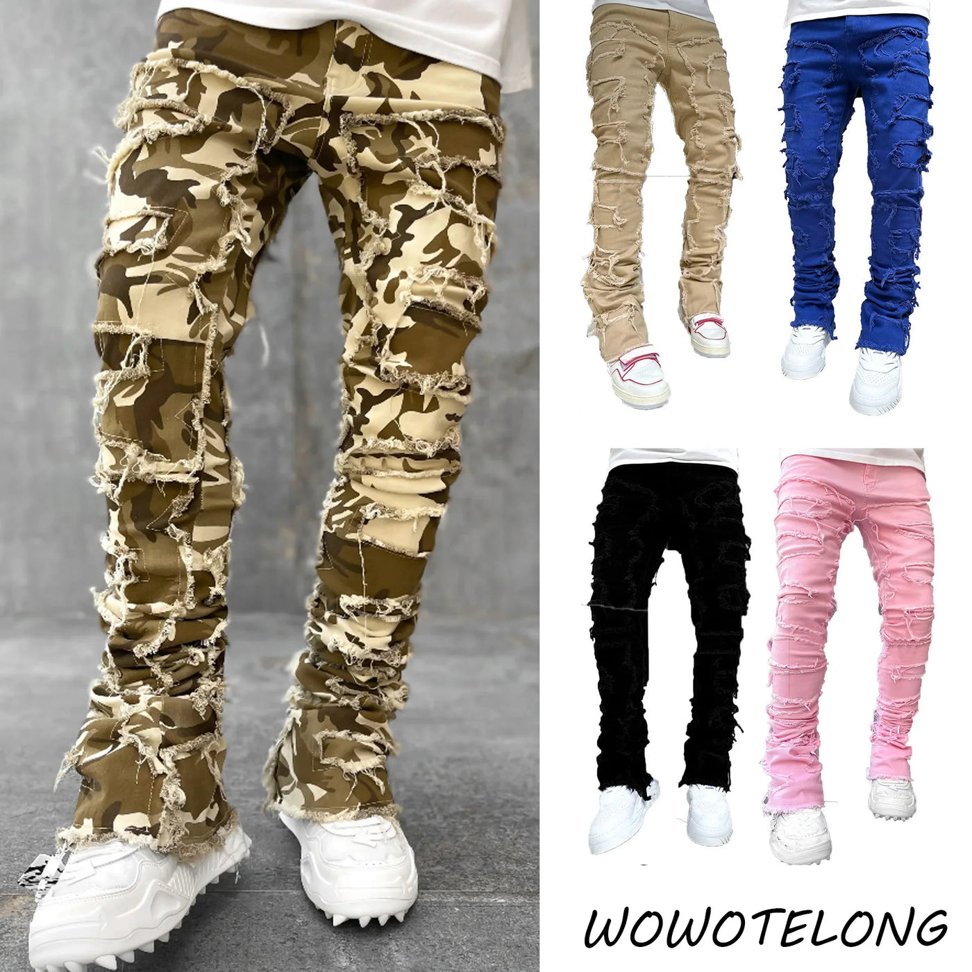 New Fashion Stretch Jeans Man Stacked Jeans Elastic Waist Straight Fit Patchworks Denim Long Pants Fringe Ripped Jeans For Men