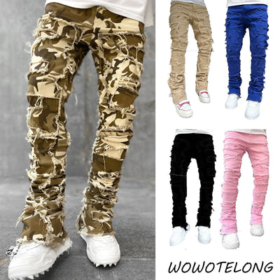 New Fashion Stretch Jeans Man Stacked Jeans Elastic Waist Straight Fit Patchworks Denim Long Pants Fringe Ripped Jeans For Men