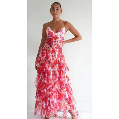 Summer Women Floral Print Party Dress Elegant New Fashion Strap V Neck High Waist Halter Corset Ruffle Evening Long Dress Robe