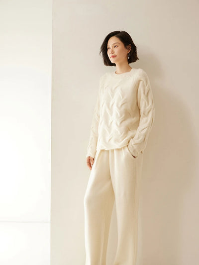 ADDONEE Women 100% Cashmere Pants Pleated Waist Wide Leg Pants Casual Simple Style Autumn Winter Cashmere Knit Trousers Luxury