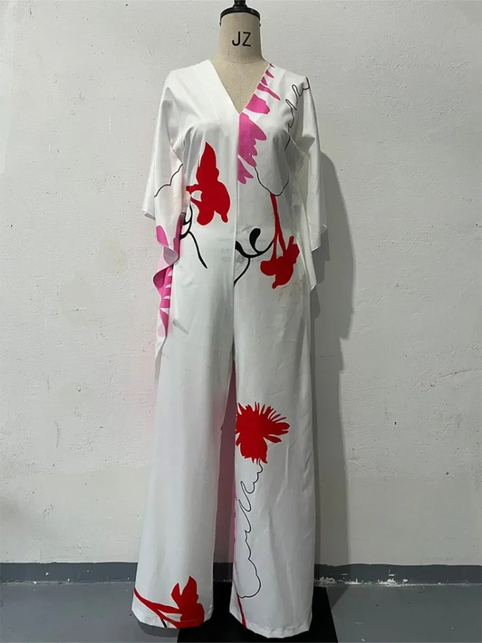 Jumpsuits for Woman Summer Printing Three Quarter Sleeves V Neck Jumpsuits Fashionable Casual Loose Women's Wide-leg Jumpsuit