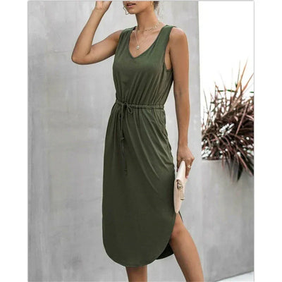 Summer Sleeveless Baumwolle Casual Women Midi V-Neck Solid Tank Dress
