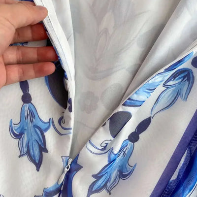 Women Maxi Chiffon Dress Summer Bohemian Rabbits Flower Porcelain Print Clothing Floor Length Flare Sleeve Long Vestidos
