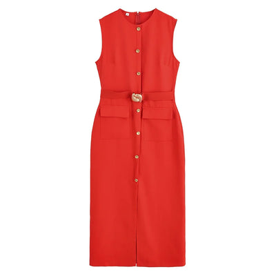 MUJER 2025 Womens Dresses Black Office Long Dresses for Women Spring Sleeveless Midi Dress Woman Belt Button Women's Dress Vest
