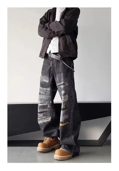High Street Men's Jeans Trendy Printed Pattern Washed Worn-out Straight Leg Jeans American Style Male Denim Pants Black Jeans