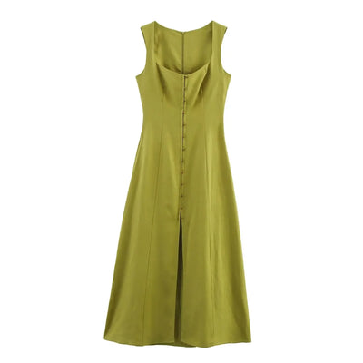 TFMLN Women's A-line Long Dress Elegant Square Neck Sleeveless Wide Sling Maxi Dresses 2025 Summer Lady Commute Button Dresses