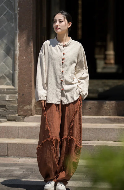 Cotton Linen Women's Literary Vintage Ramie Tops Shirt Women's Patchwork Colour Plate Button Lapel Cardigan Jacket Chinese Style