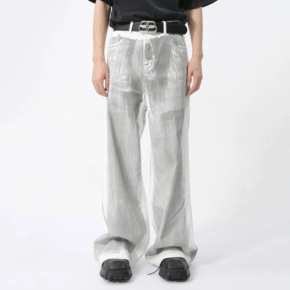 Men's White Baggy Jeans Dirty Printed Grunge Y2K Loose Straight Denim Pants Harajuku Oversized Streetwear Jeans Trousers Male