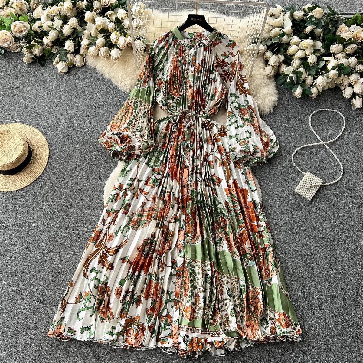Retro Print Elegant Pleated Lantern Long Sleeve O Neck Single Breasted Dress A-line  Casual High Waist Women Summer Dresses