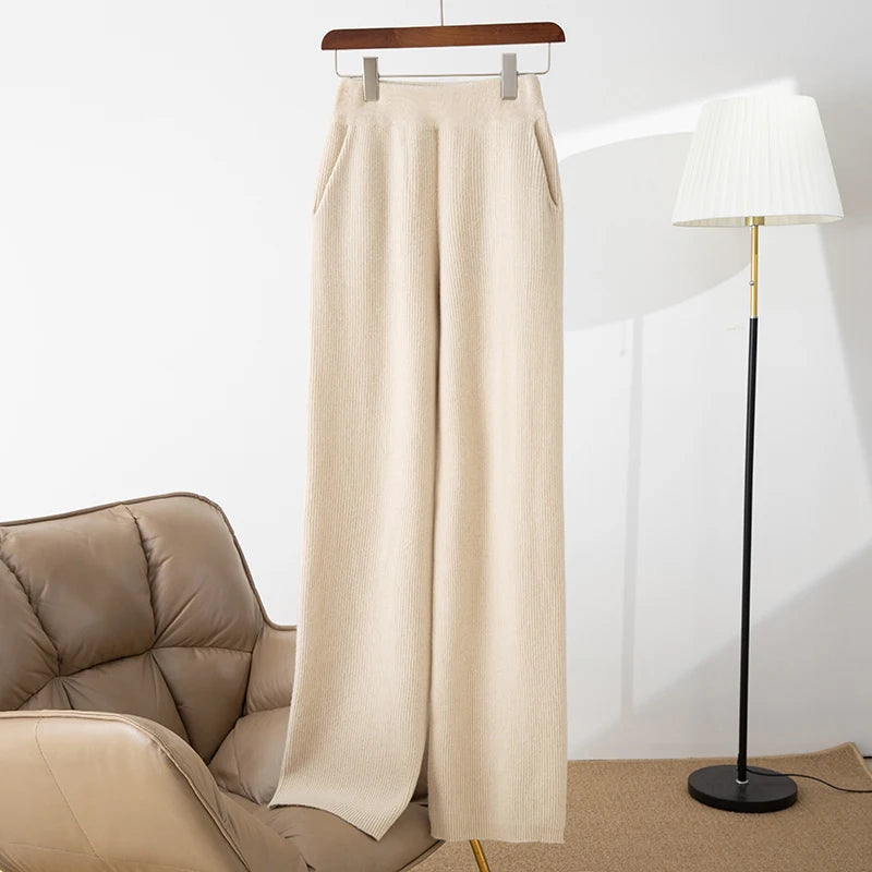 100% merino wool women's knitted trousers, fashionable, warm, drawstring, pockets, wide-leg pants, new autumn and winter 2024