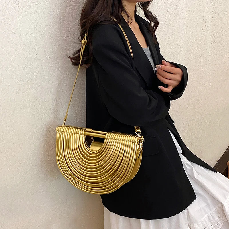 Handbags for Women 2025 New Gold Luxury Designer Brand Handwoven Noodle Bags Rope Knotted Pulled Half Moon Silver Evening Clutch