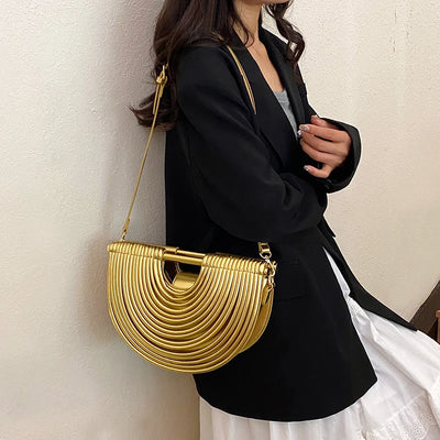 Handbags for Women 2025 New Gold Luxury Designer Brand Handwoven Noodle Bags Rope Knotted Pulled Half Moon Silver Evening Clutch