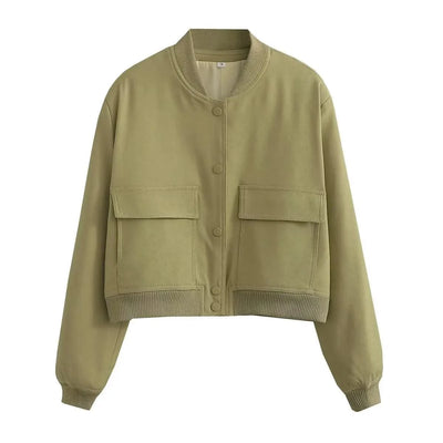 Women Fashion Solid Bomber Jackets Coat With Pockets V-Neck Single Breasted