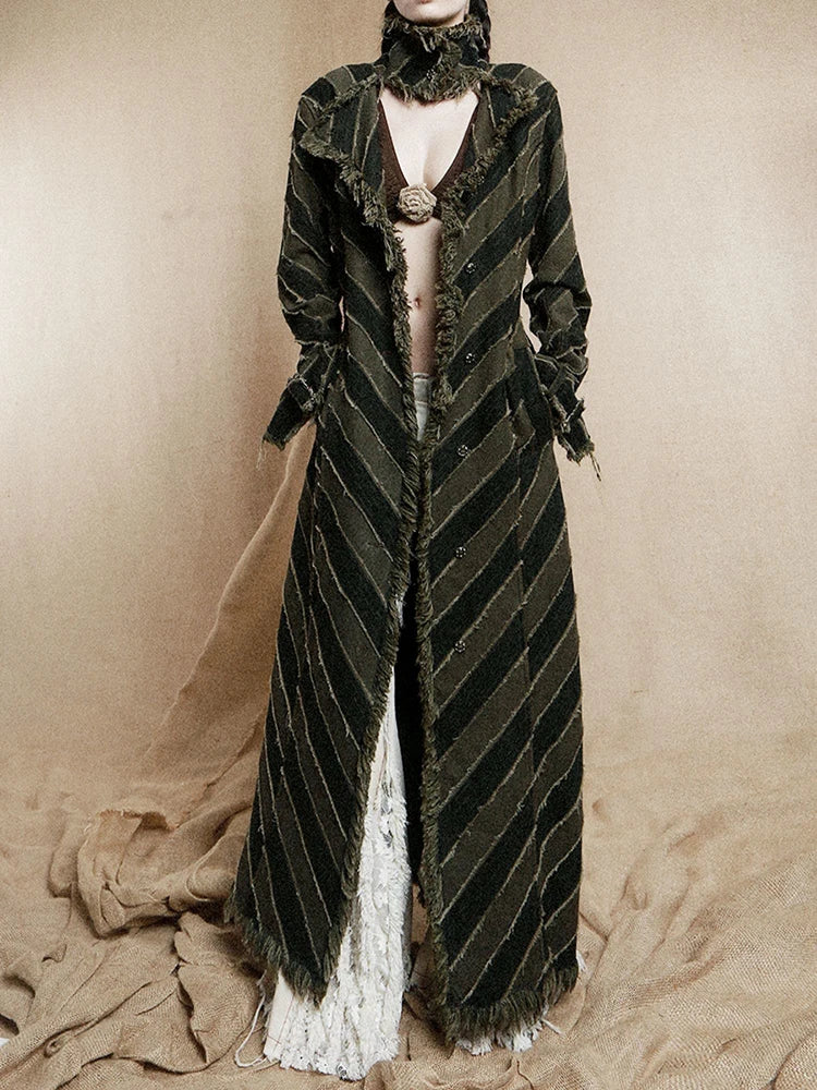 [Vibe] Women Blue Striped Burr Denim Long Trench New Turtleneck Long Sleeve Windbreaker Fashion Tide Spring Autumn 2025