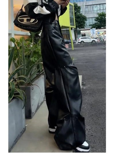 Fashionable Wide Leg Pants for Spring and Autumn Women's New High Waisted Straight Leg Loose Floor Length Casual Leather Pants