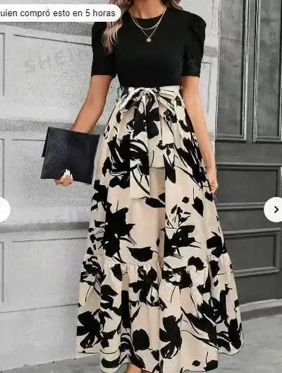 Women's Dresses Spring and Summer Clothing Popular Flower Print Crew Neck Dress Vacation Style Elegant Dress