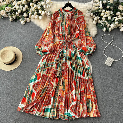 Retro Print Elegant Pleated Lantern Long Sleeve O Neck Single Breasted Dress A-line  Casual High Waist Women Summer Dresses