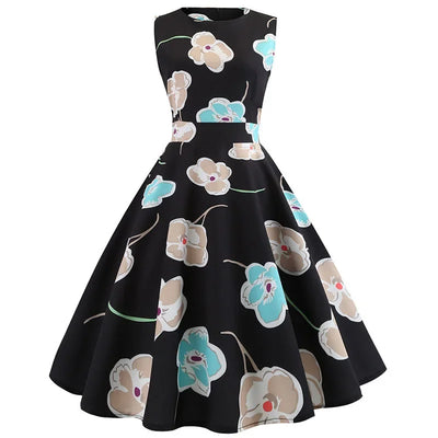 Women's Summer Sleeveless Midi Dress Green Leaf Print O-Neck Retro Vintage Party Robe Casual Elegant Female Clothing
