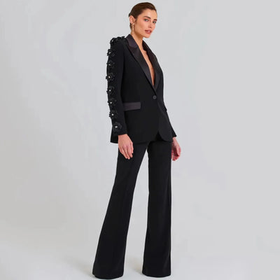 Elegant Women's Black Blazer Suit with 3D Floral Sleeve Embellishments Satin Lapel Slim Fit Two-Piece Set for Formal Party Wear