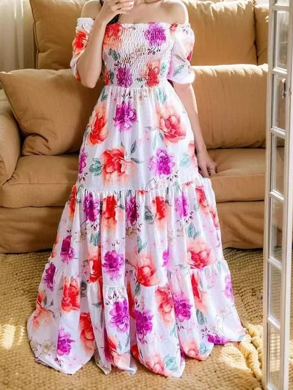 Summer Dresses for Women Print Off Shoulder Broken Flower Open Shoulder Long Dress Streetwear