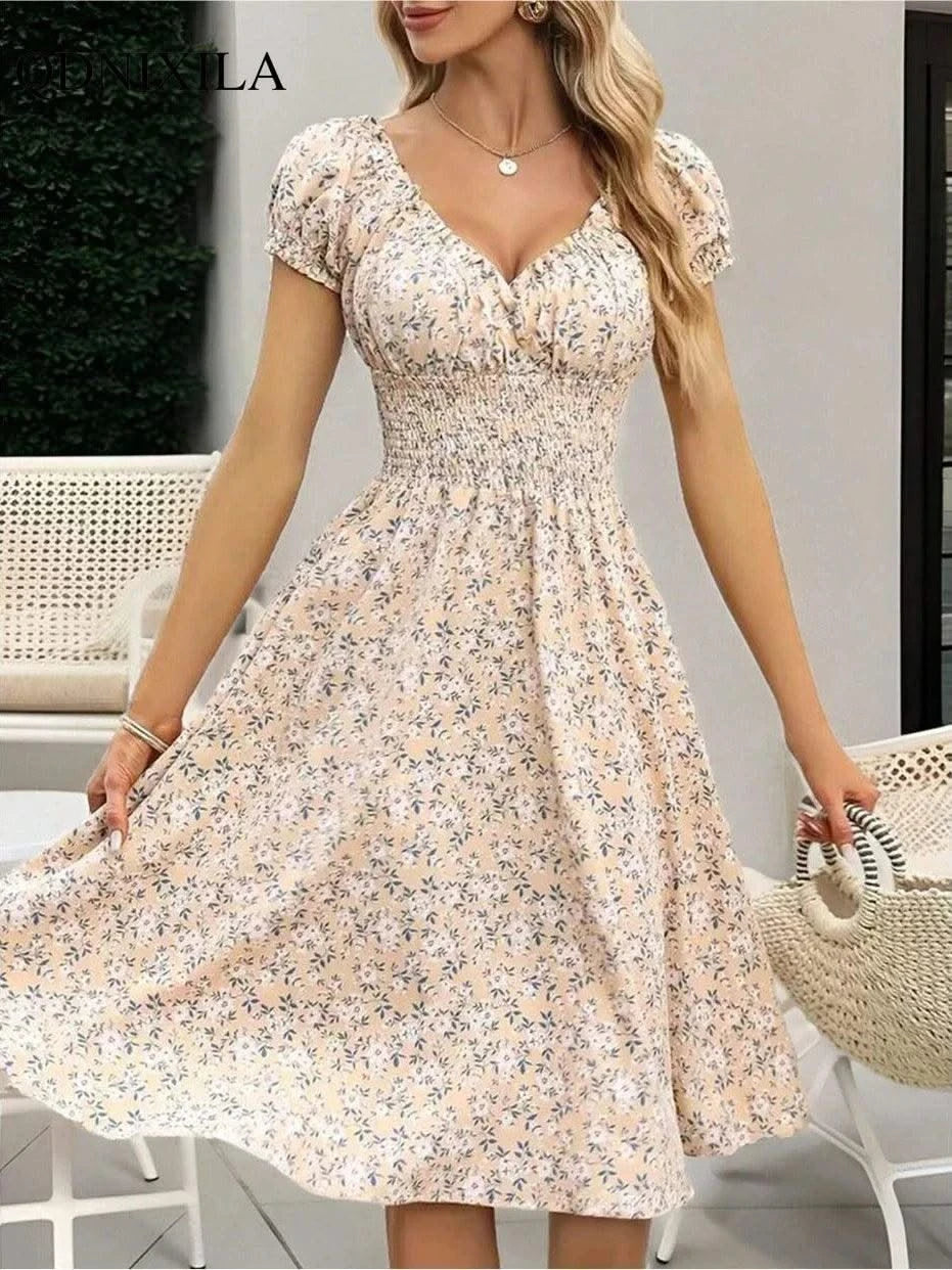 Summer Women Floral Print Dress V-neck Puff