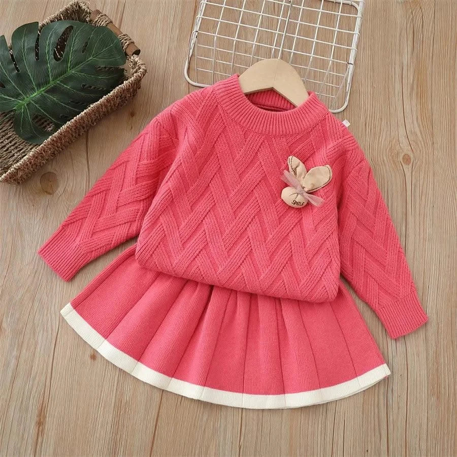 Two-Piece Kids Rabbit Appliques Sweater Tops With Pleated Skirt Suit |Casual Clothes Girls, Children | Autumn Outfits