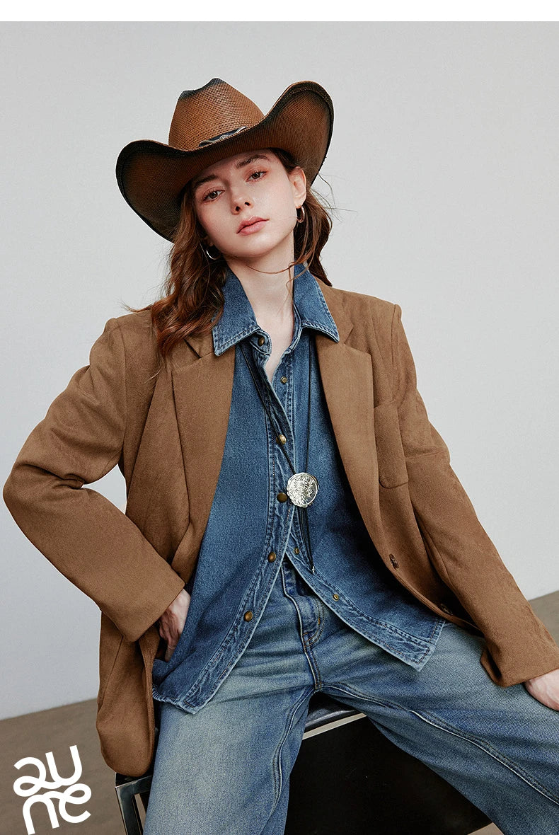 TOYOUTH Women Blazer 2025 Autumn New Barn Style Retro Brown Suede Lightweight Lapel Collar Single Breasted Button Suit Coat