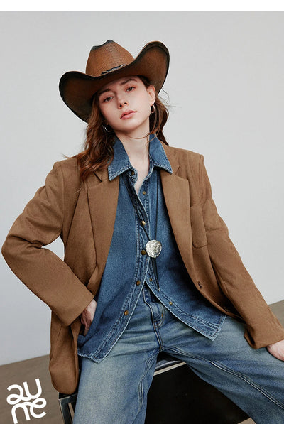 TOYOUTH Women Blazer 2025 Autumn New Barn Style Retro Brown Suede Lightweight Lapel Collar Single Breasted Button Suit Coat