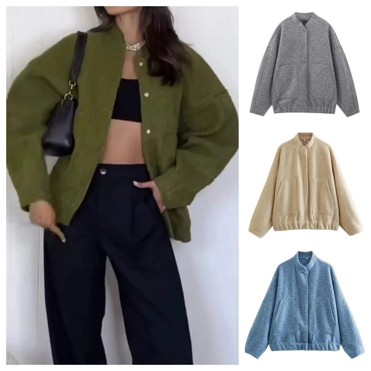 Woman's Oversized Bomber Jacket Autumn New Round Neck Long Sleeve Pocket Hidden Button Loose Jackets Coat Female Outerwear